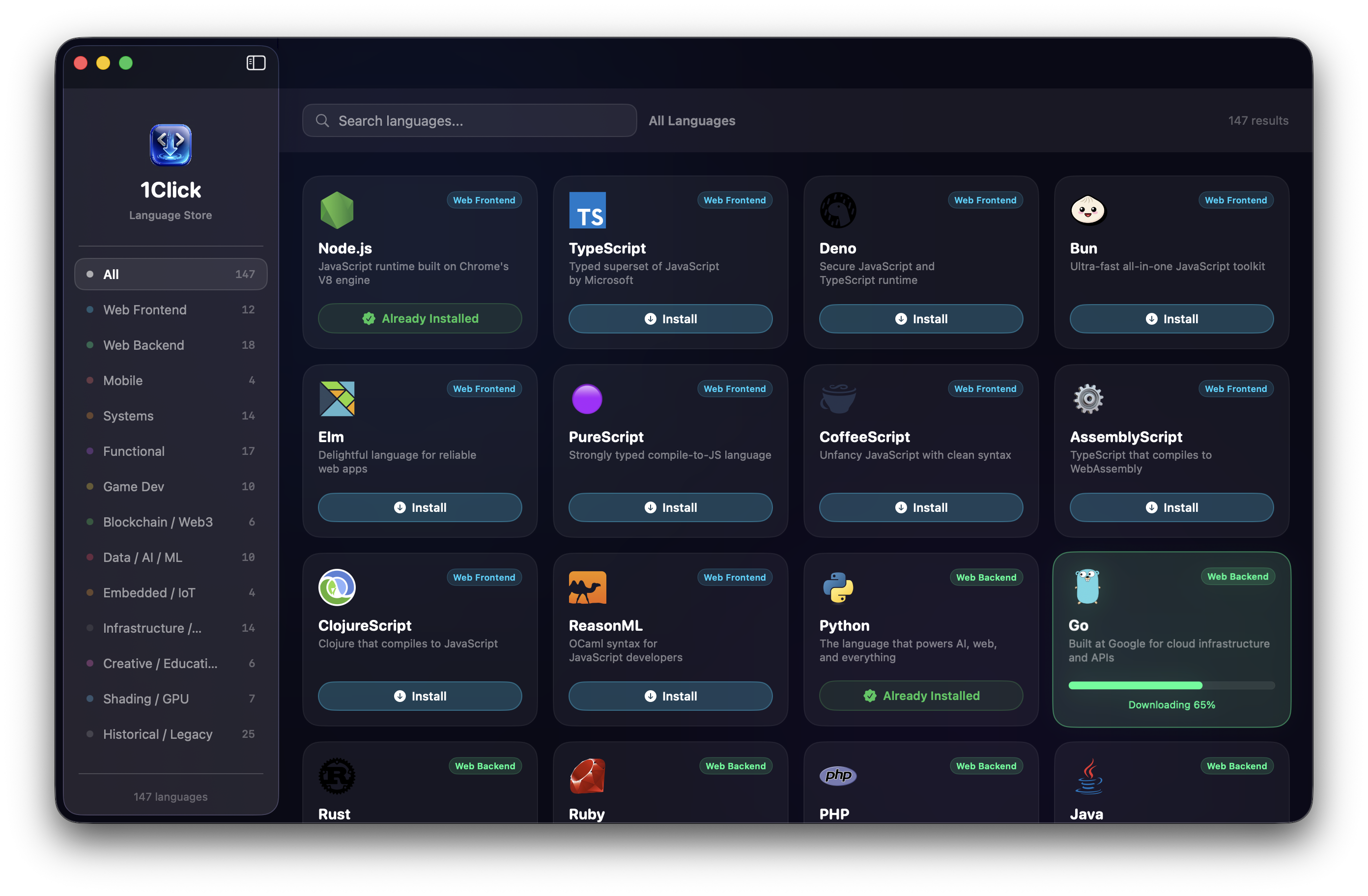 1Click Language Store — browse and install Node.js, Python, Rust, Go, Swift, TypeScript and 141 more languages on macOS